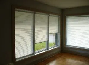 White roller shades on three windows of a room with hardwood floor