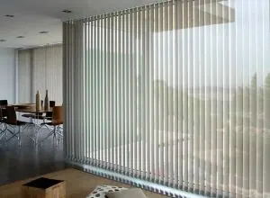 Translucent white vertical blinds in a glass-walled dining area
