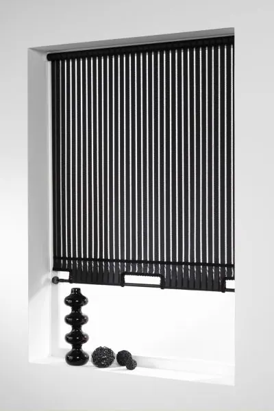 Small black pinstriped roller blind in a white window niche