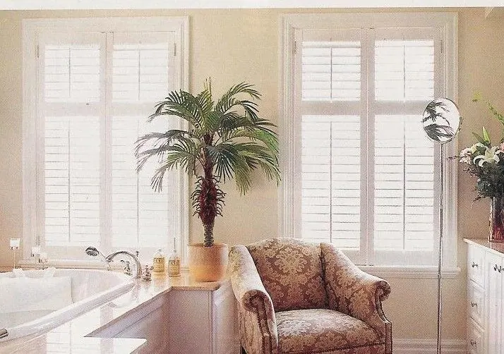 White shutters in a bathroom with a corner tub and a palm plant