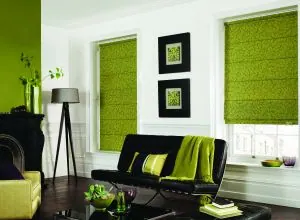 Olive green Roman shades in a bright living room with a lime throw